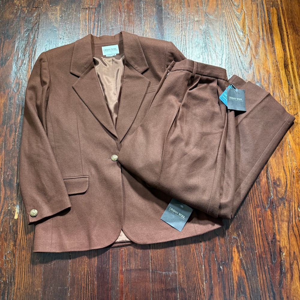Vintage Urban Wool Pant Suit Women 16 Brown Merino Wool Blazer Trousers NWT